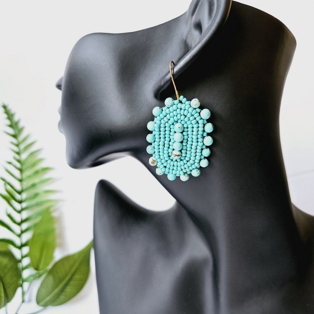 Large Beaded Turquoise Bohemian Shield Earrings | Handmade Indigenous Earrings